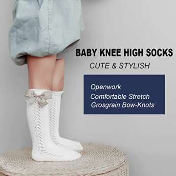 Machare Baby Girls Knee High Socks Baby Girls Bow Stockings Cotton Uniform Stockings Dress Socks 5 P...