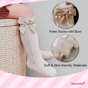 Machare Baby Girls Knee High Socks Baby Girls Bow Stockings Cotton Uniform Stockings Dress Socks 5 Pack,Black/White/Grey/Khaki/Coffee 6-12 months