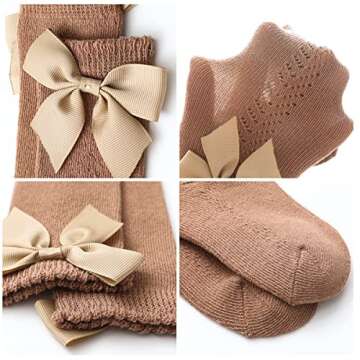 Machare Baby Girls Knee High Socks Baby Girls Bow Stockings Cotton Uniform Stockings Dress Socks 5 Pack,Black/White/Grey/Khaki/Coffee 6-12 months
