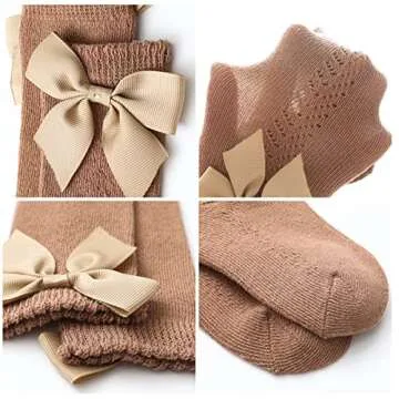 Machare Baby Girls Knee High Socks Baby Girls Bow Stockings Cotton Uniform Stockings Dress Socks 5 Pack,Black/White/Grey/Khaki/Coffee 6-12 months