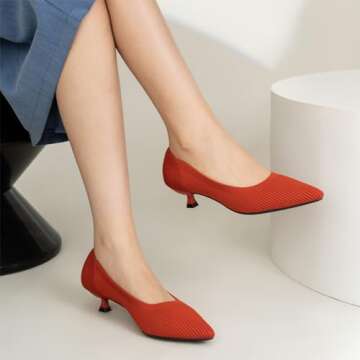 AHZEHRSE Womens Kitten Heels Pumps Closed Pointed Toe Knit Short Heels Shoes Prom Classic Formal Work Dress Pumps Orange Red