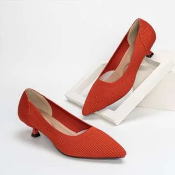 AHZEHRSE Womens Kitten Heels Pumps Closed Pointed Toe Knit Short Heels Shoes Prom Classic Formal Work Dress Pumps Orange Red