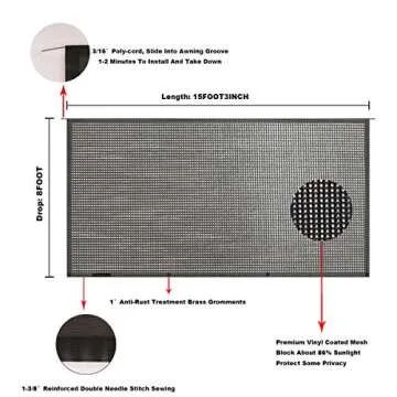 Tentproinc RV Awning Sun Shade Screen Sunshade 8' X 15' 3'' (Fit for 16' Awning)- Mesh Sunscreen Motorhome Camper Trailer Awning Shade Screen UV Blocker Completed Kits - 3 Year Warranty (Black)