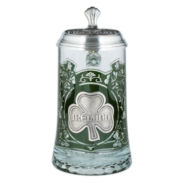 Exquisite Ireland Glass Beer Stein with Pewter Lid and Shamrock Design
