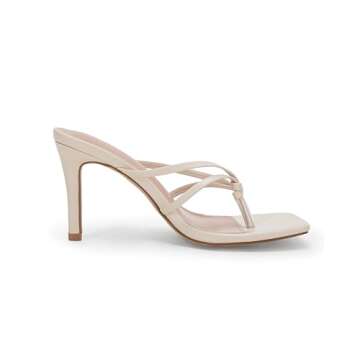 Coutgo Womens Heeled Sandals Strappy Square Toe Flip Flops Fashion Thong Slip on Stiletto Sandals, Beige, Size 7