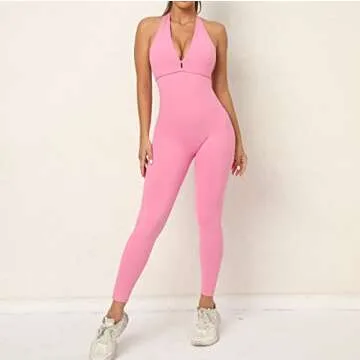 LsdgFriday Nude Feeling Backless Womens Workout Catsuit Bodysuit One Piece Solid Halter Yoga Jumpsuit Sport Rompers for Gym Tracksuit Fitness S