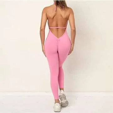 LsdgFriday Nude Feeling Backless Womens Workout Catsuit Bodysuit One Piece Solid Halter Yoga Jumpsuit Sport Rompers for Gym Tracksuit Fitness S