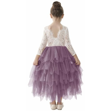 2Bunnies Girl Peony Lace Back A-Line Tiered Tutu Tulle Flower Girl Dress (Mauve Long Sleeve Maxi, 3T...