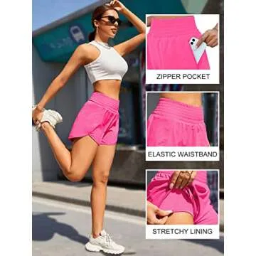 BMJL Women's Athletic Shorts High Waisted Running Shorts Pocket Sporty Shorts Gym Elastic Workout Shorts(M,Hot Pink)