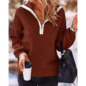 BTFBM Women's 2024 Fall Winter Half Zip Pullover Sweaters Casual V Neck Long Sleeve Ribbed Knit Loose Jumper Tops(Solid Red Brown, Large)