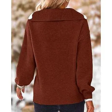 BTFBM Women's 2024 Fall Winter Half Zip Pullover Sweaters Casual V Neck Long Sleeve Ribbed Knit Loose Jumper Tops(Solid Red Brown, Large)