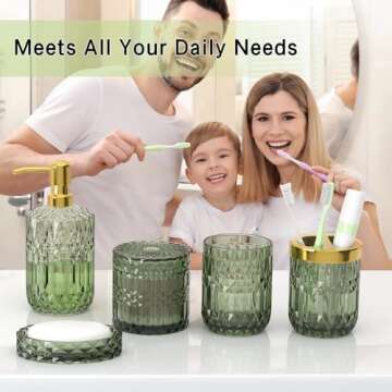 Green Bathroom Accessories Set, 5 Pcs Clear Glass Bathroom Accessories Sets with Lotion Soap Dispenser, Soap Dish, Toothbrush Holder, Bathroom Tumbler, Cotton Swab Jars, Perfect for Bathroom Decor