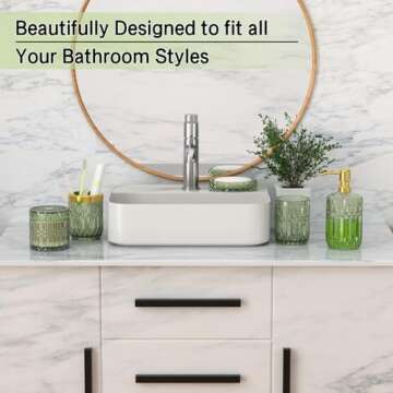 Green Bathroom Accessories Set, 5 Pcs Clear Glass Bathroom Accessories Sets with Lotion Soap Dispenser, Soap Dish, Toothbrush Holder, Bathroom Tumbler, Cotton Swab Jars, Perfect for Bathroom Decor