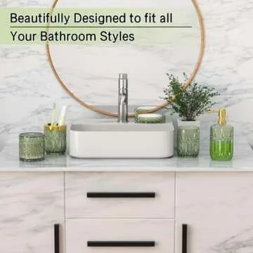 Green Bathroom Accessories Set, 5 Pcs Clear Glass Bathroom Accessories Sets with Lotion Soap Dispenser, Soap Dish, Toothbrush Holder, Bathroom Tumbler, Cotton Swab Jars, Perfect for Bathroom Decor