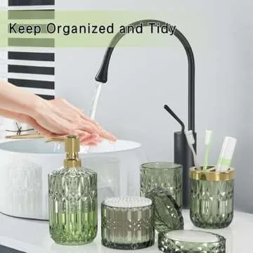 Green Bathroom Accessories Set, 5 Pcs Clear Glass Bathroom Accessories Sets with Lotion Soap Dispenser, Soap Dish, Toothbrush Holder, Bathroom Tumbler, Cotton Swab Jars, Perfect for Bathroom Decor