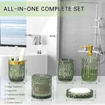 Green Bathroom Accessories Set, 5 Pcs Clear Glass Bathroom Accessories Sets with Lotion Soap Dispenser, Soap Dish, Toothbrush Holder, Bathroom Tumbler, Cotton Swab Jars, Perfect for Bathroom Decor
