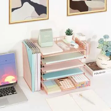 Youbetia 5 Tier Paper Letter Tray Organizer with Mesh File Holder, Desk Accessories & Workspace Desktop Organizers with Drawer and Pen Holder, Office Supplies Desk Organizer (rose gold)