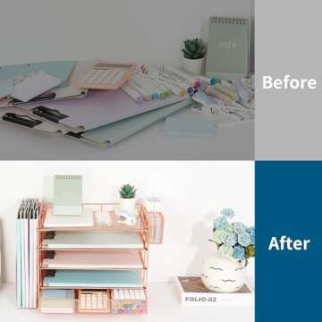Youbetia 5 Tier Paper Letter Tray Organizer with Mesh File Holder, Desk Accessories & Workspace Desktop Organizers with Drawer and Pen Holder, Office Supplies Desk Organizer (rose gold)