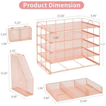 Youbetia 5 Tier Paper Letter Tray Organizer with Mesh File Holder, Desk Accessories & Workspace Desktop Organizers with Drawer and Pen Holder, Office Supplies Desk Organizer (rose gold)
