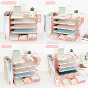 Youbetia 5 Tier Paper Letter Tray Organizer with Mesh File Holder, Desk Accessories & Workspace Desktop Organizers with Drawer and Pen Holder, Office Supplies Desk Organizer (rose gold)