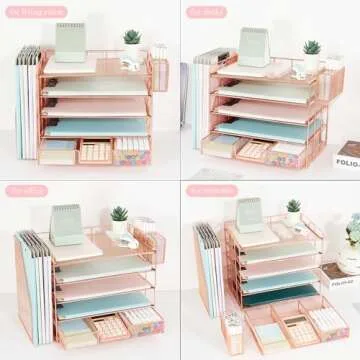 Youbetia 5 Tier Paper Letter Tray Organizer with Mesh File Holder, Desk Accessories & Workspace Desktop Organizers with Drawer and Pen Holder, Office Supplies Desk Organizer (rose gold)