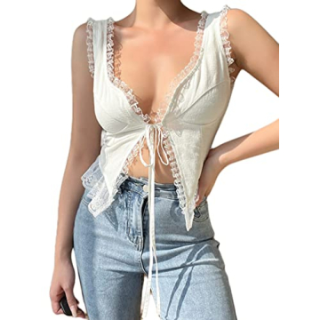 Remidoo Women's Sexy Lace Trim Open Front Self Tie Cami Crop Top White Large