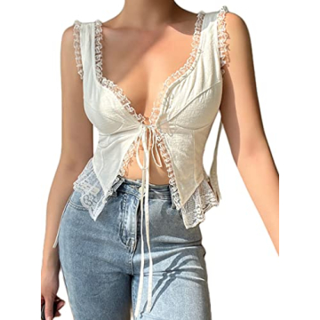 Remidoo Women's Sexy Lace Trim Open Front Self Tie Cami Crop Top White Large