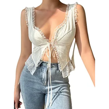 Remidoo Women's Sexy Lace Trim Open Front Self Tie Cami Crop Top White Large