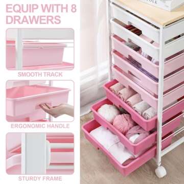 SYKIARIOL Rolling Storage Cart with Drawers,Utility Cart With 8 Drawers and Wooden Tabletop,Rolling Drawer Cart,Storage Drawer Cart for Living Room,Classroom,Bedroom,Bathroom,Dorm,Office,Rose Pink