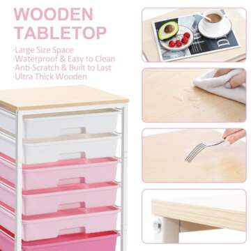SYKIARIOL Rolling Storage Cart with Drawers,Utility Cart With 8 Drawers and Wooden Tabletop,Rolling Drawer Cart,Storage Drawer Cart for Living Room,Classroom,Bedroom,Bathroom,Dorm,Office,Rose Pink