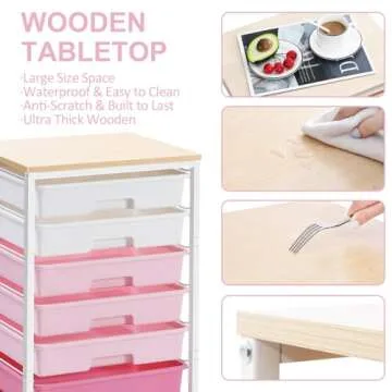 SYKIARIOL Rolling Storage Cart with Drawers,Utility Cart With 8 Drawers and Wooden Tabletop,Rolling Drawer Cart,Storage Drawer Cart for Living Room,Classroom,Bedroom,Bathroom,Dorm,Office,Rose Pink