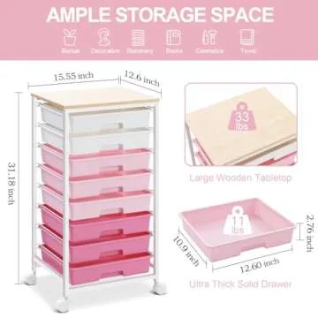 SYKIARIOL Rolling Storage Cart with Drawers,Utility Cart With 8 Drawers and Wooden Tabletop,Rolling Drawer Cart,Storage Drawer Cart for Living Room,Classroom,Bedroom,Bathroom,Dorm,Office,Rose Pink