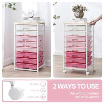 SYKIARIOL Rolling Storage Cart with Drawers,Utility Cart With 8 Drawers and Wooden Tabletop,Rolling Drawer Cart,Storage Drawer Cart for Living Room,Classroom,Bedroom,Bathroom,Dorm,Office,Rose Pink