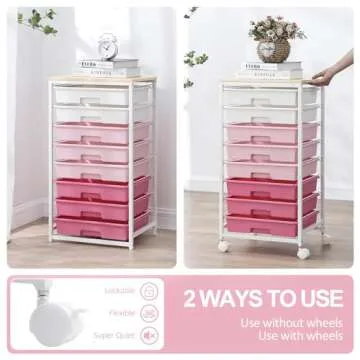 SYKIARIOL Rolling Storage Cart with Drawers,Utility Cart With 8 Drawers and Wooden Tabletop,Rolling Drawer Cart,Storage Drawer Cart for Living Room,Classroom,Bedroom,Bathroom,Dorm,Office,Rose Pink
