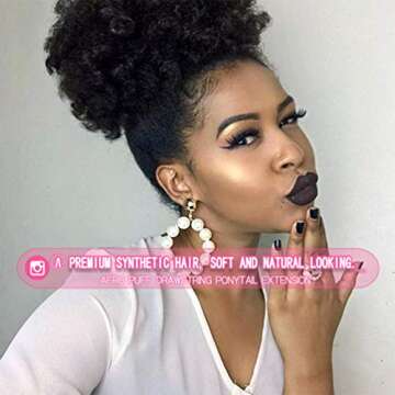 rosmile Afro Puff Clip On Synthetic Ponytail Extension for Black Women, 80gram 1B# Short Kinky Bun f...