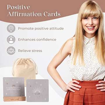 Positive Affirmation Cards for Women | 31 Unique Motivational Cards with Wooden Block Desk Stand | Powerful Mindfulness Daily Quotes for Self Care, Stress Relief, Self Love, and Meditation
