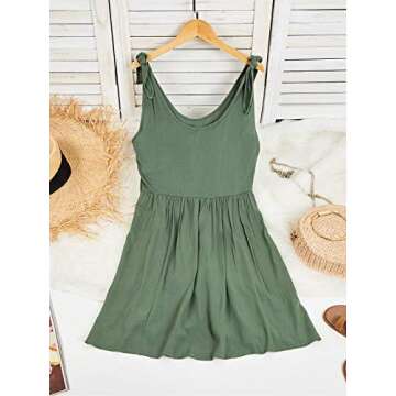 CNJFJ Womens Summer Shoulder Tie Strap Babydoll Dress Casual Scoop Neck A-Line Skater Swing Mini Sundress Army Green