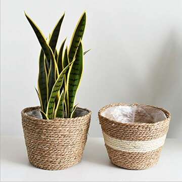 SANGDA Seagrass Basket Planters, Flower Pots Cover Storage Basket Plant Containers Hand Woven Basket Planter with Plastic Liners Straw Flower Pot for Indoor Outdoor Plant