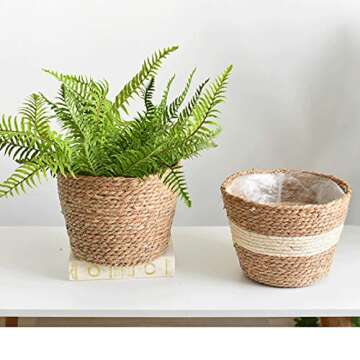 SANGDA Seagrass Basket Planters, Flower Pots Cover Storage Basket Plant Containers Hand Woven Basket Planter with Plastic Liners Straw Flower Pot for Indoor Outdoor Plant