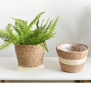 SANGDA Seagrass Basket Planters, Flower Pots Cover Storage Basket Plant Containers Hand Woven Basket Planter with Plastic Liners Straw Flower Pot for Indoor Outdoor Plant