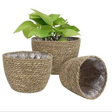 SANGDA Seagrass Basket Planters, Flower Pots Cover Storage Basket Plant Containers Hand Woven Basket Planter with Plastic Liners Straw Flower Pot for Indoor Outdoor Plant