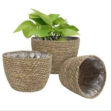 SANGDA Seagrass Basket Planters, Flower Pots Cover Storage Basket Plant Containers Hand Woven Basket Planter with Plastic Liners Straw Flower Pot for Indoor Outdoor Plant