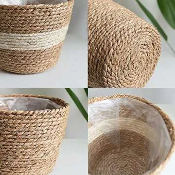 SANGDA Seagrass Basket Planters, Flower Pots Cover Storage Basket Plant Containers Hand Woven Basket Planter with Plastic Liners Straw Flower Pot for Indoor Outdoor Plant