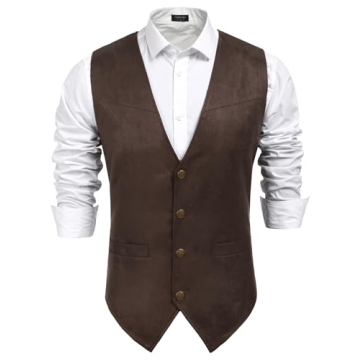 COOFANDY Men's Slim Fit Suede Leather Suit Vest - Casual Western Style