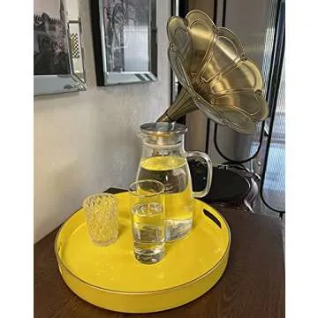 Zosenley Decorative Tray, Round Plastic Tray with Handles, Modern Vanity Tray and Serving Tray for Ottoman, Coffee Table, Kitchen and Bathroom, Size 13” (Yellow)