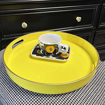 Zosenley Decorative Tray, Round Plastic Tray with Handles, Modern Vanity Tray and Serving Tray for Ottoman, Coffee Table, Kitchen and Bathroom, Size 13” (Yellow)