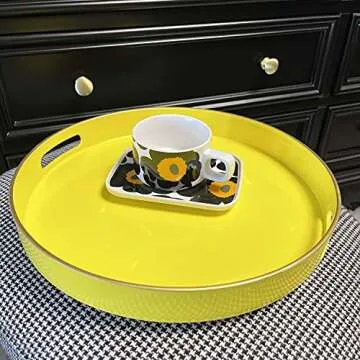 Zosenley Decorative Tray, Round Plastic Tray with Handles, Modern Vanity Tray and Serving Tray for Ottoman, Coffee Table, Kitchen and Bathroom, Size 13” (Yellow)