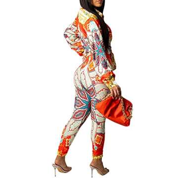 Zoctuo Sexy 2 Piece Outfits for Women Floral Print Long Sleeve Bodycon Jumpsuits(5339,Red,XL)
