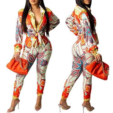 Zoctuo Sexy 2 Piece Outfits for Women Floral Print Long Sleeve Bodycon Jumpsuits(5339,Red,XL)