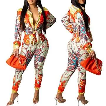 Zoctuo Sexy 2 Piece Outfits for Women Floral Print Long Sleeve Bodycon Jumpsuits(5339,Red,XL)